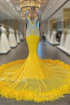 V Neck Yellow Feather Trumpet Mermaid Prom Dress