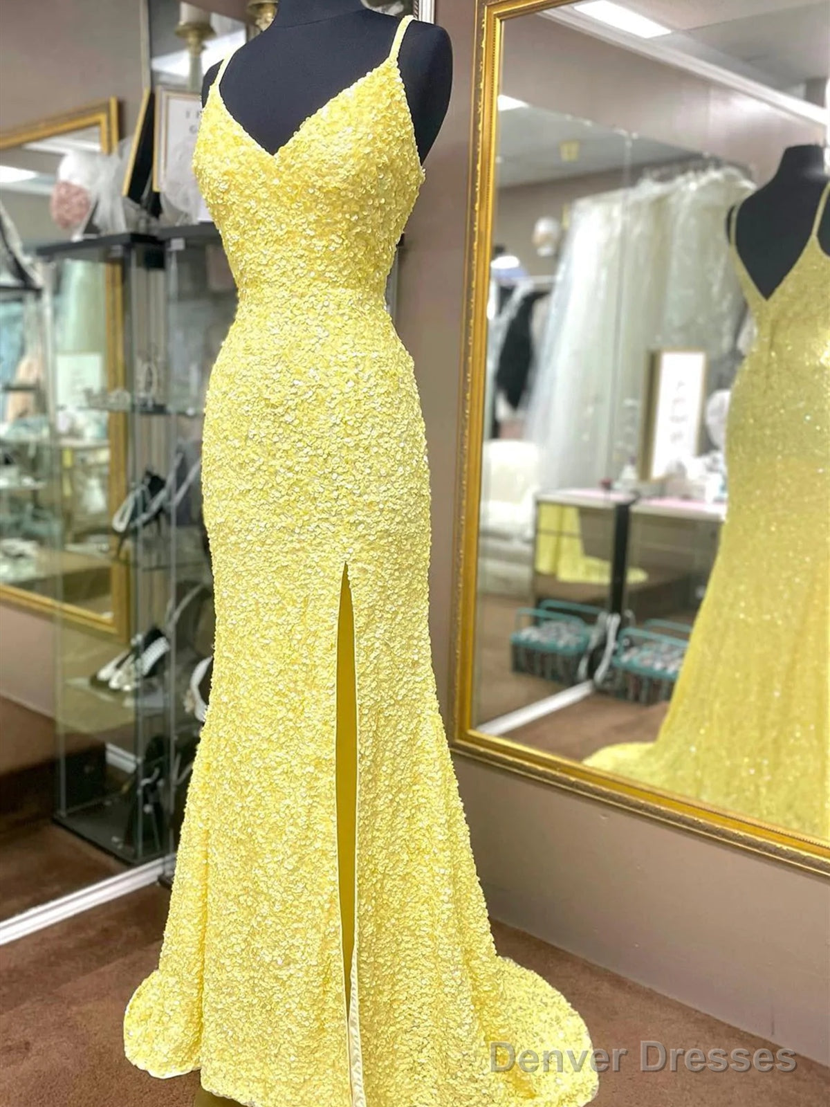 V Neck Yellow Hot Pink Mermaid Long Prom Dresses, Hot Pink Yellow Mermaid Formal Evening Dresses