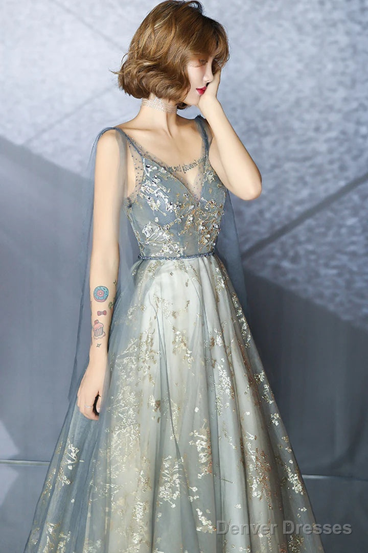 V-Neckline Sexy Shiny Tulle A-Line Long Prom Dress, Low Back Formal Dress Secondary image