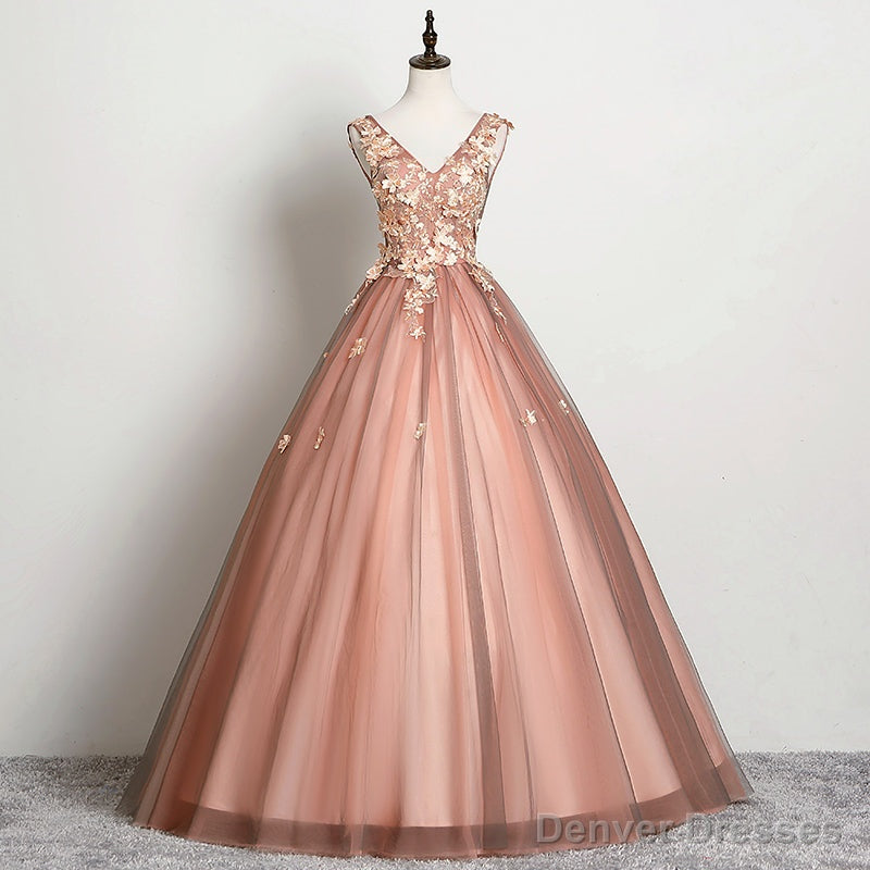 V-neckline Tulle Ball Gown Pink Sweet 16 Dresses, Ball Gown Lace Applique Quinceanera Dress Secondary image