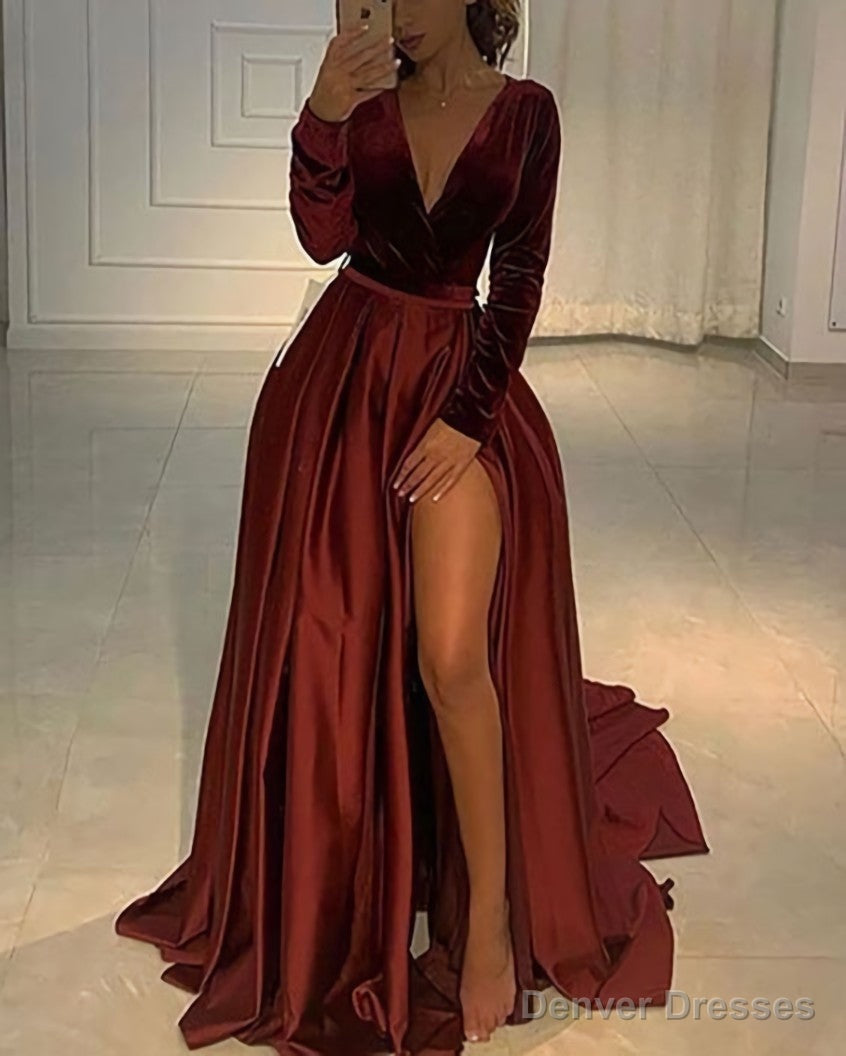 V Neckline Velvet Bodice Burgundy Prom Dress Sexy Leg Slit Main image