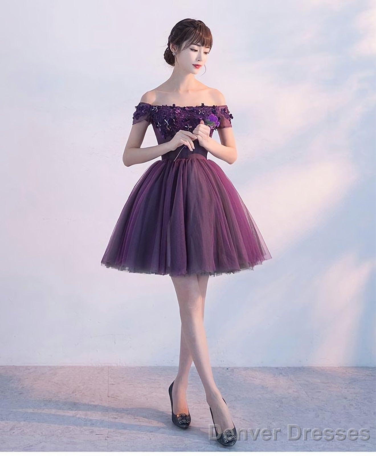 Cute A Line Purple Off Shoulder Short Prom Dress Homecoming Dress
