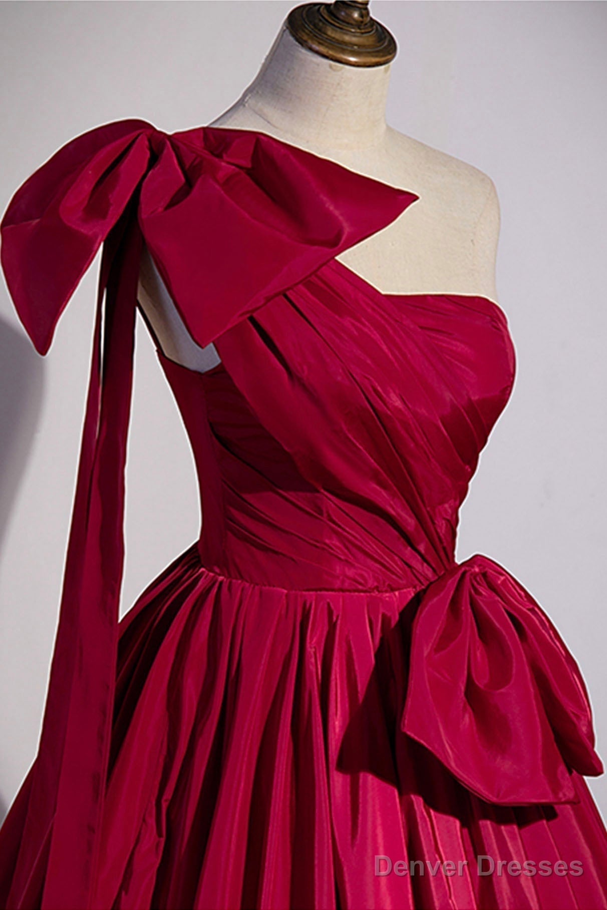 Burgundy Satin Long Prom Dress, One Shoulder Evening Dress with Bow