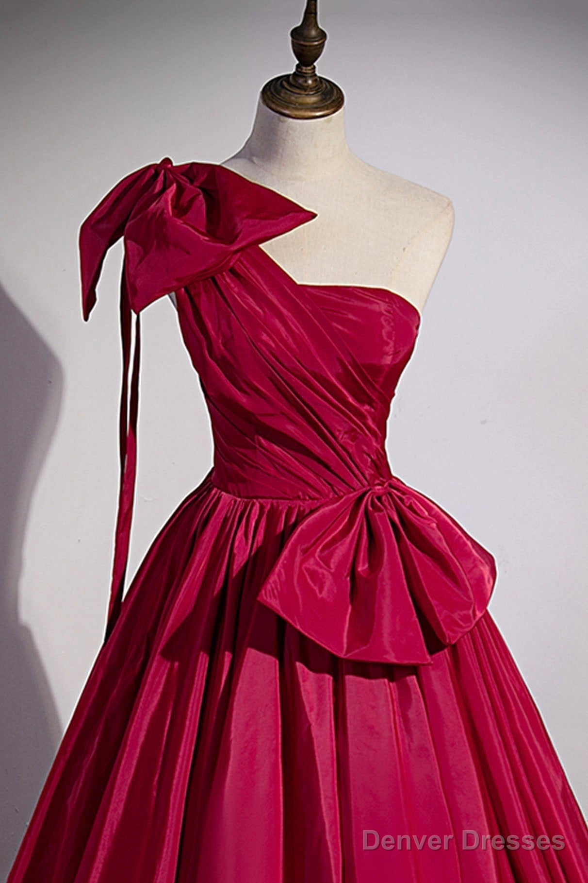 Burgundy Satin Long Prom Dress, One Shoulder Evening Dress with Bow