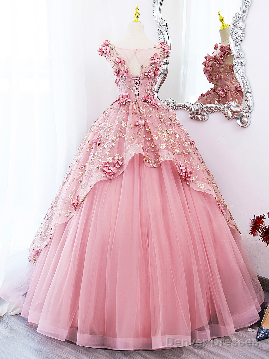 Pink Tulle Long Prom Dress with Flowers, Beautiful A-Line Sweet 16 Dress Main image