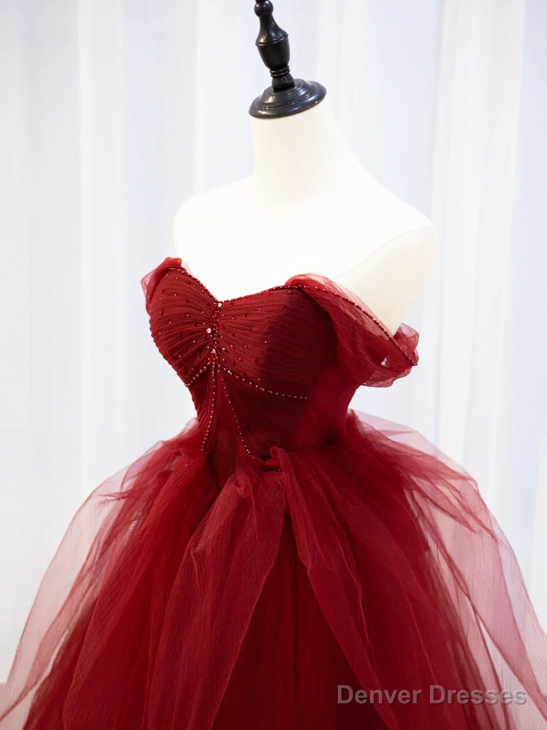 Burgundy Sweetheart Tulle Long Prom Dress with Beaded, Burgundy Party Dress Secondary image