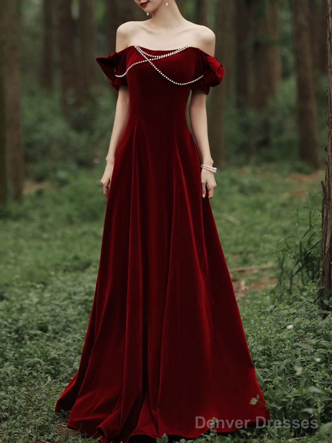 Velvet A Line Burgundy Long Prom Dress, Burgundy Formal Evening Dresses Main image