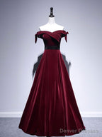 Velvet A Line Burgundy Long Prom Dress, Velvet Bridesmaid Dress