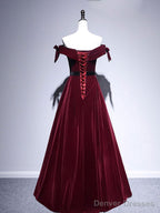 Velvet A Line Burgundy Long Prom Dress, Velvet Bridesmaid Dress