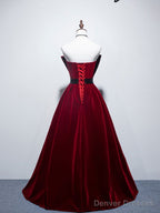 Velvet A Line Burgundy Satin Long Prom Dress, Velvet Bridesmaid Dress