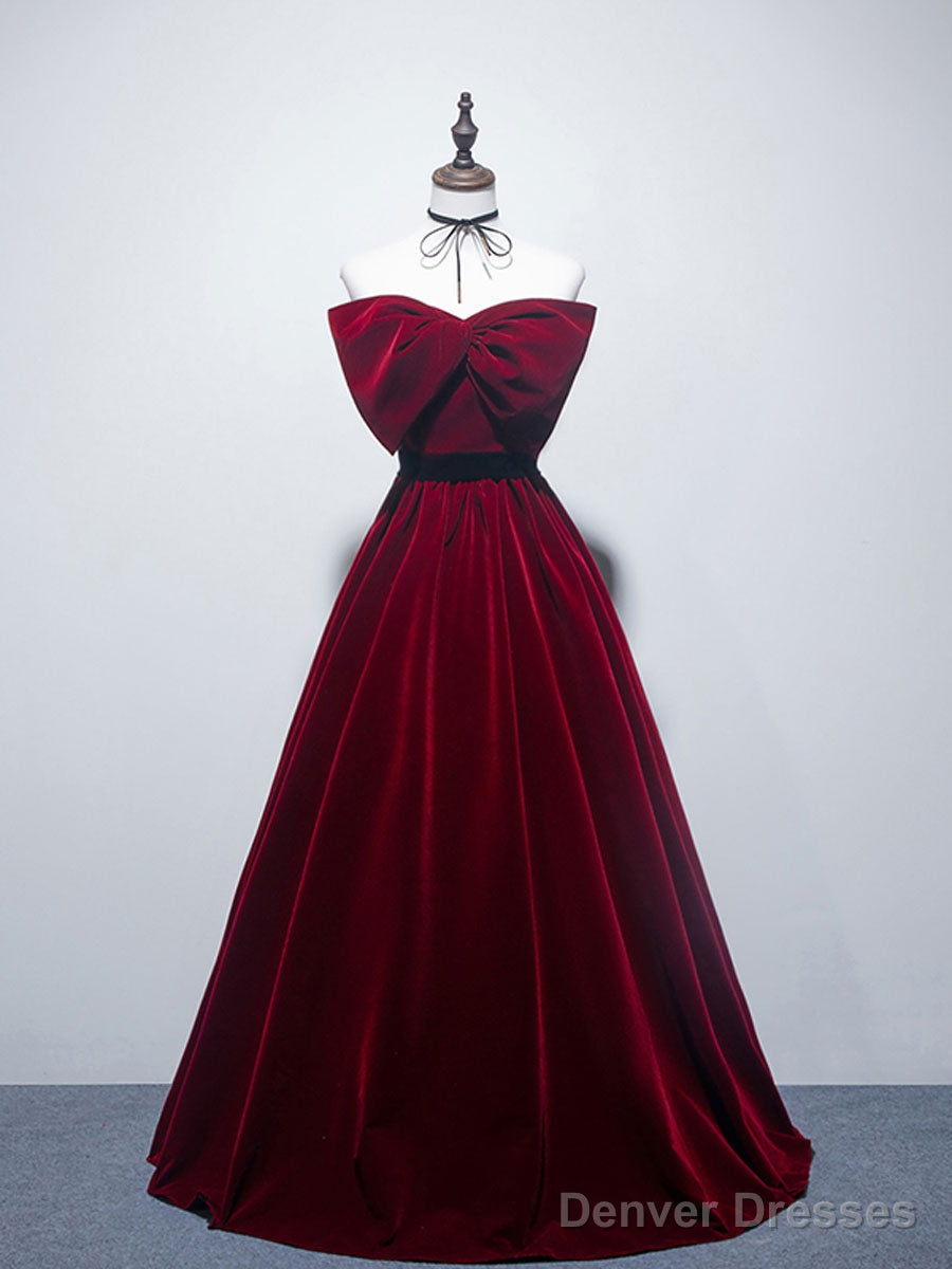 Velvet A Line Burgundy Satin Long Prom Dress, Velvet Bridesmaid Dress Main image