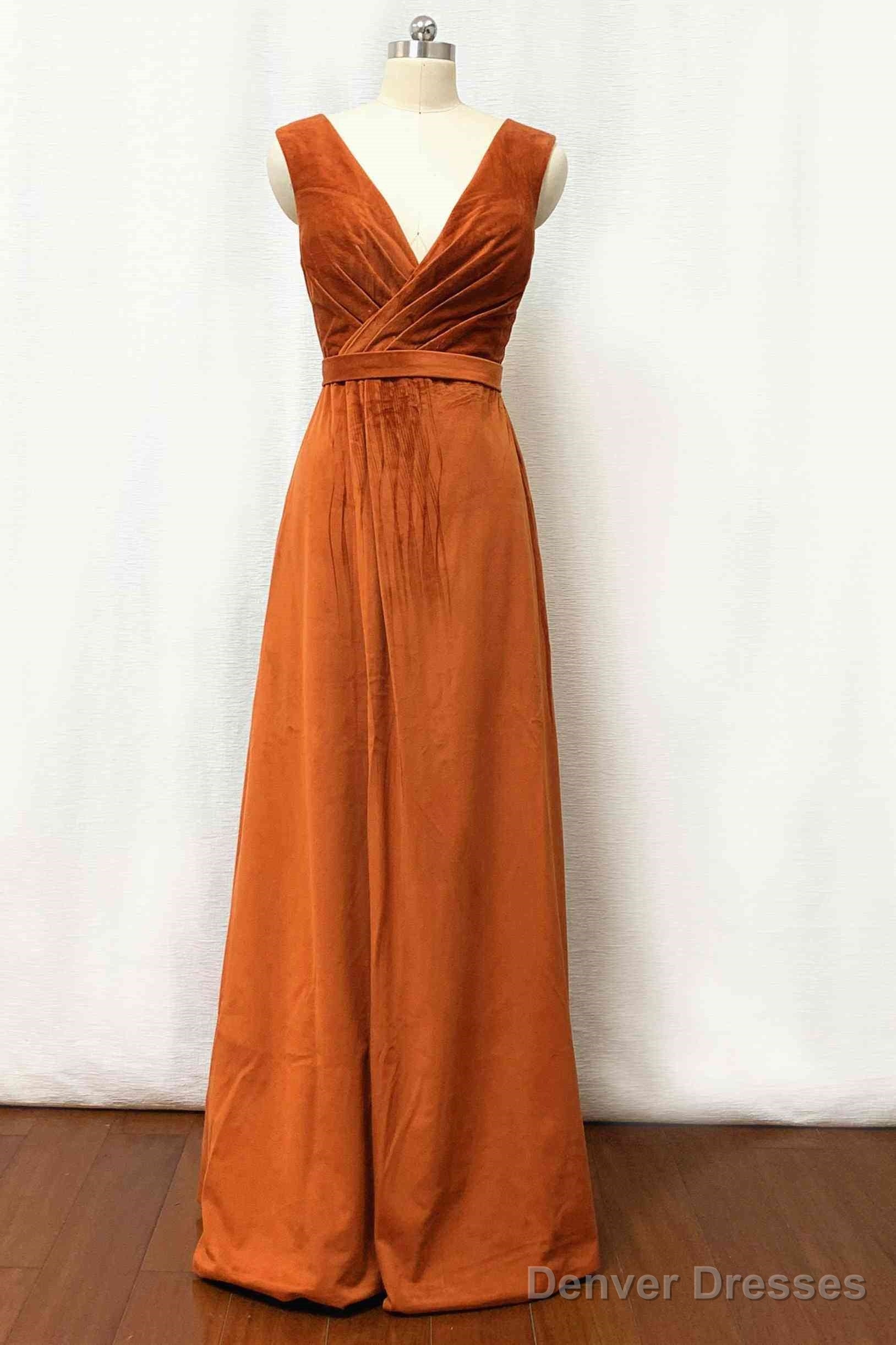 Velvet Burnt Orange Formal Dress V-Neck Bridesmaid Dress Pleated With Belt