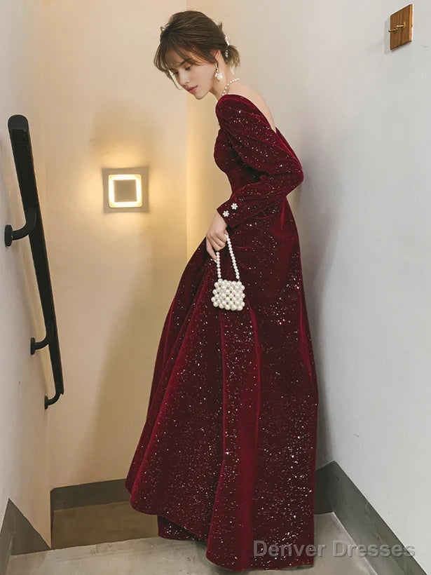 Velvet Long Sleeves A-Line Long Formal Dress Prom Dresses Wedding Guest Party Dresses Secondary image
