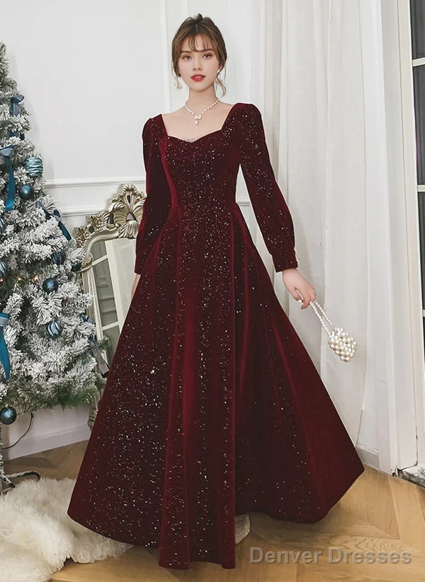 Velvet Long Sleeves A-Line Long Formal Dress Prom Dresses Wedding Guest Party Dresses Main image