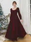 Velvet Long Sleeves A-Line Long Formal Dress Prom Dresses Wedding Guest Party Dresses
