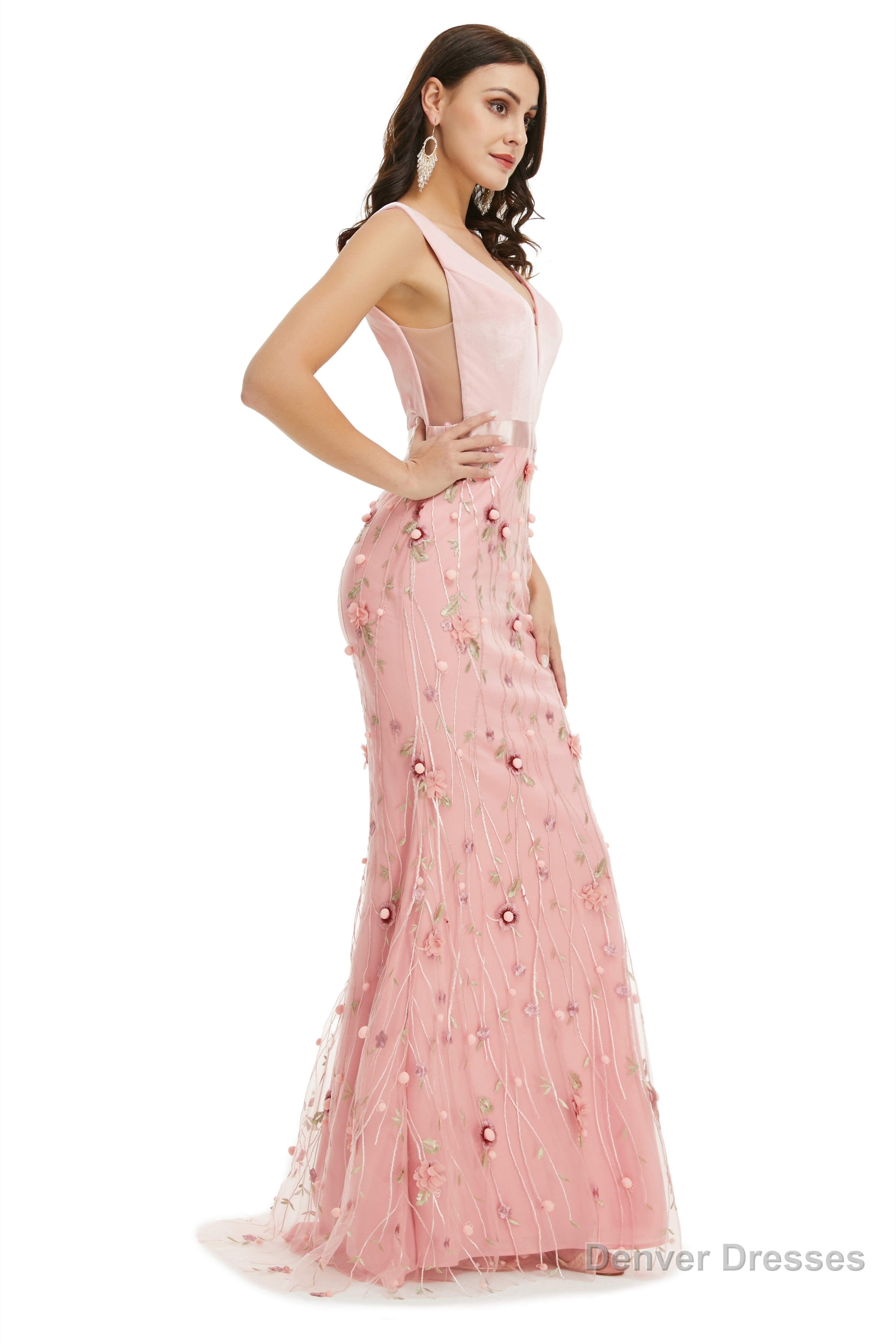 Velvet Mermaid Prom Dresses Lace 3D Flowers