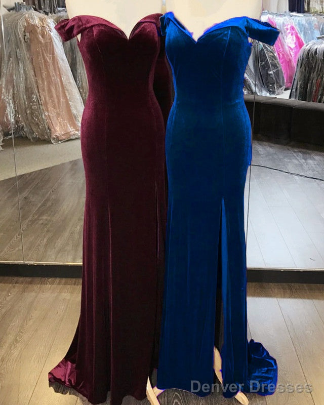 Velvet Mermaid Slit Bridesmaid Dresses Off Shoulder