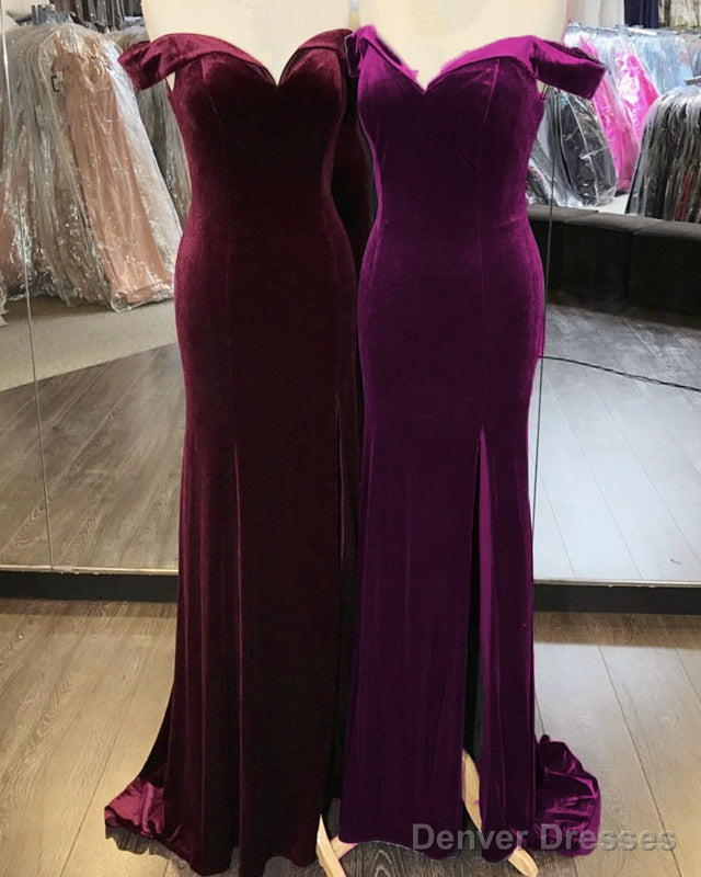 Velvet Mermaid Slit Bridesmaid Dresses Off Shoulder