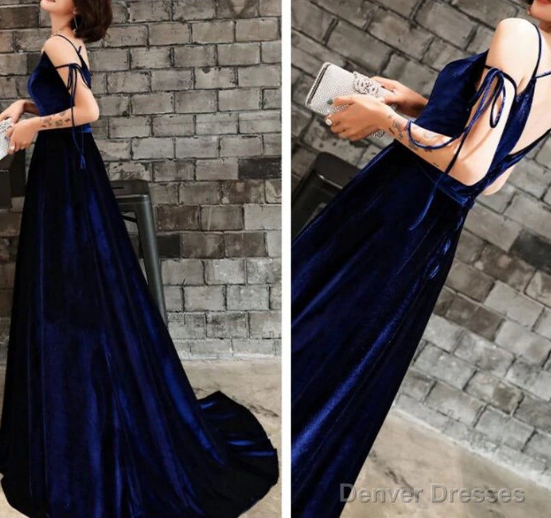 Velvet Straps Long V-neckline Long Party Dress, Velvet Bridesmaid Dresses