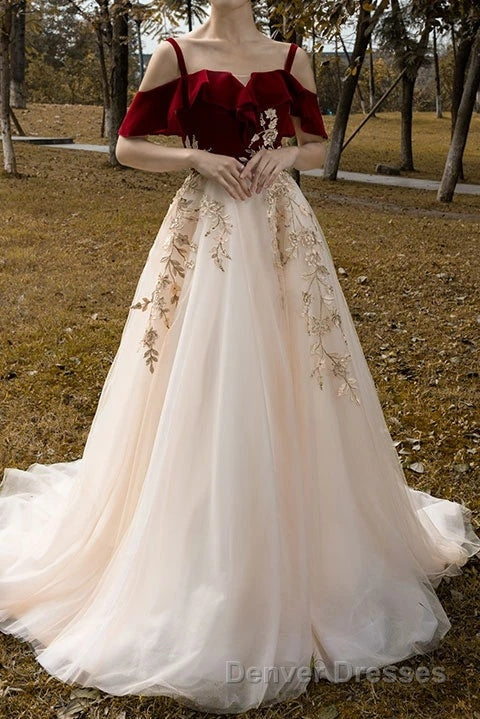 UniqueDresss Vintage Red Straps Tulle Formal Dress, Elegant Applique Prom Dress