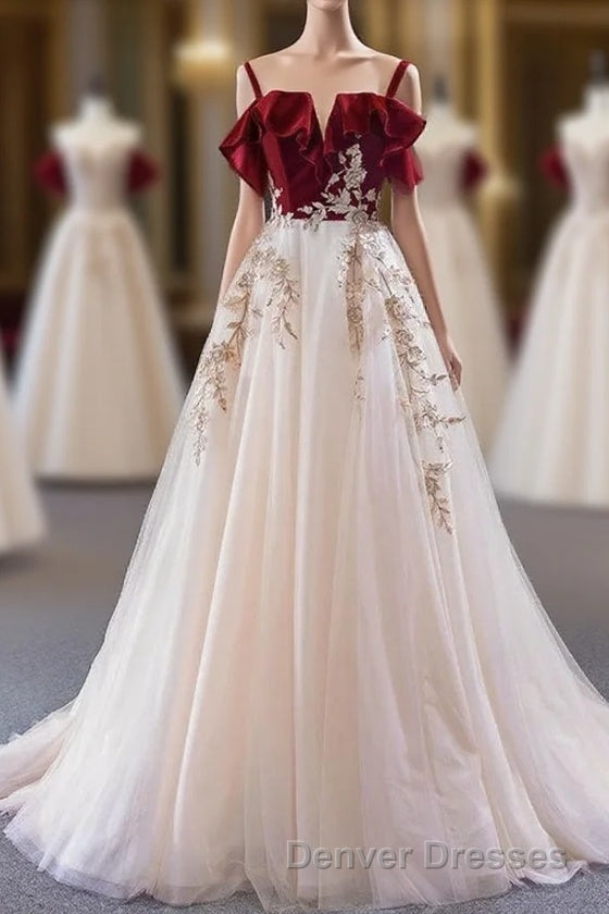 UniqueDresss Vintage Red Straps Tulle Formal Dress, Elegant Applique Prom Dress Main image