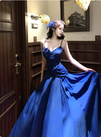 Vibrant Royal Blue A-Line Spaghetti Strap Knot-Embellished Chiffon Long Prom Dress Evening Dress