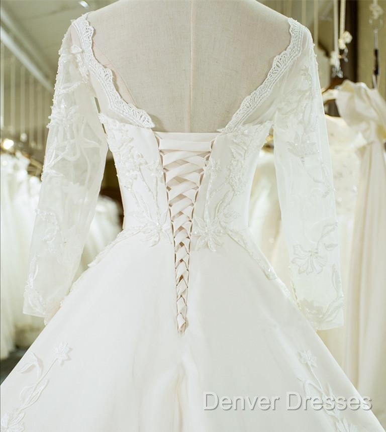 Vintage 1950S Lace Embroidery Ball Gowns Wedding Dress Long Sleeves