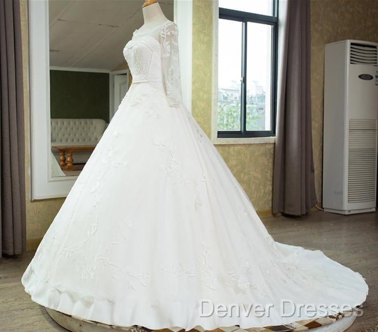 Vintage 1950S Lace Embroidery Ball Gowns Wedding Dress Long Sleeves