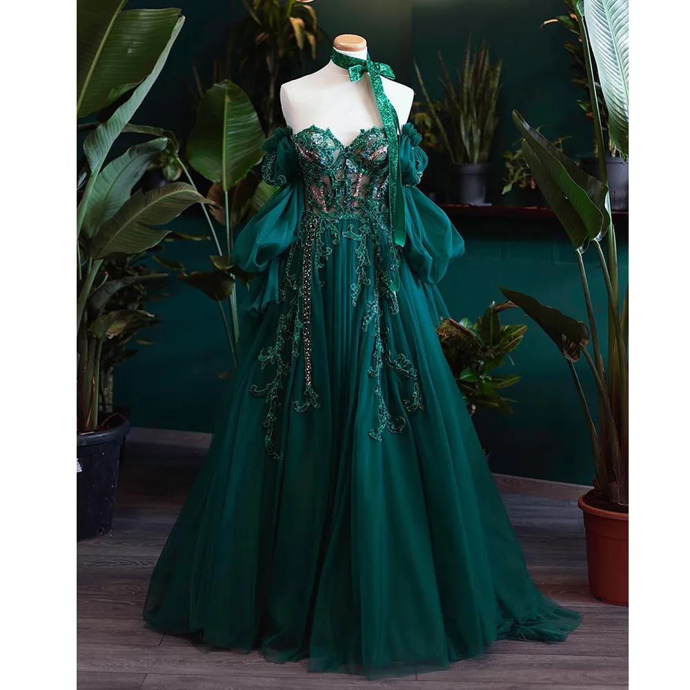 Vintage A Line Appliques Lace-Up A-Line Dark Green Tulle Prom Dress