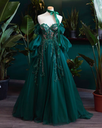 Vintage A Line Appliques Lace-Up A-Line Dark Green Tulle Prom Dress