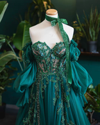 Vintage A Line Appliques Lace-Up A-Line Dark Green Tulle Prom Dress