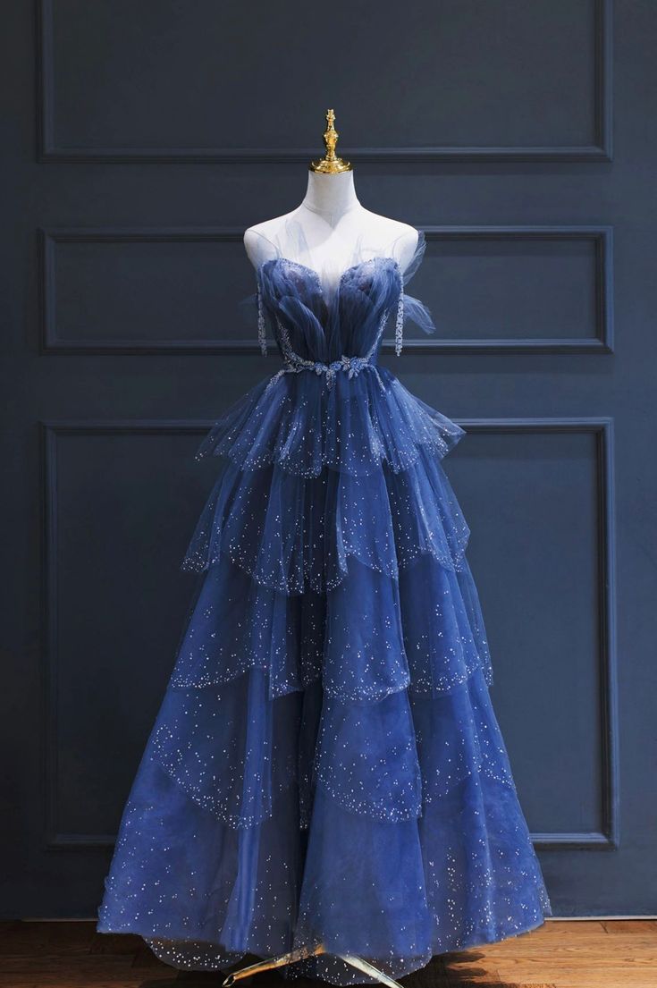 Vintage A-Line Blue Tulle Beaded Long Senior Prom Dress Formal Dress Main image