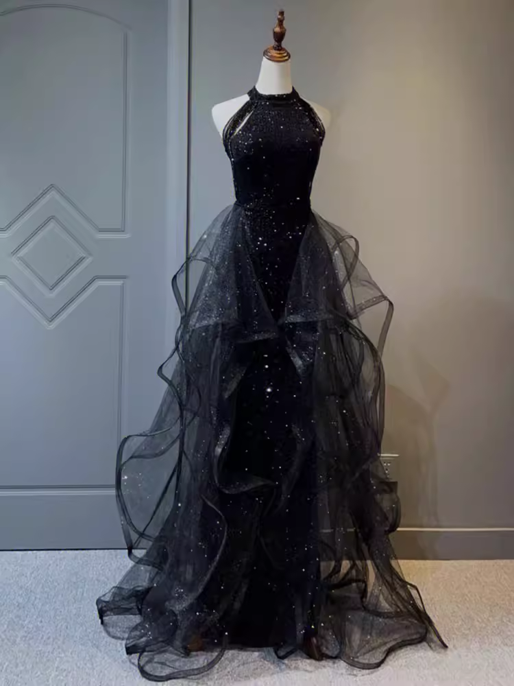 Vintage A Line Halter Black Party Dress Sequin Prom Dress Secondary image