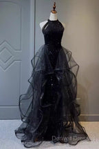 Vintage A Line Halter Black Party Dress Sequin Prom Dress