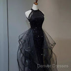 Vintage A Line Halter Black Party Dress Sequin Prom Dress