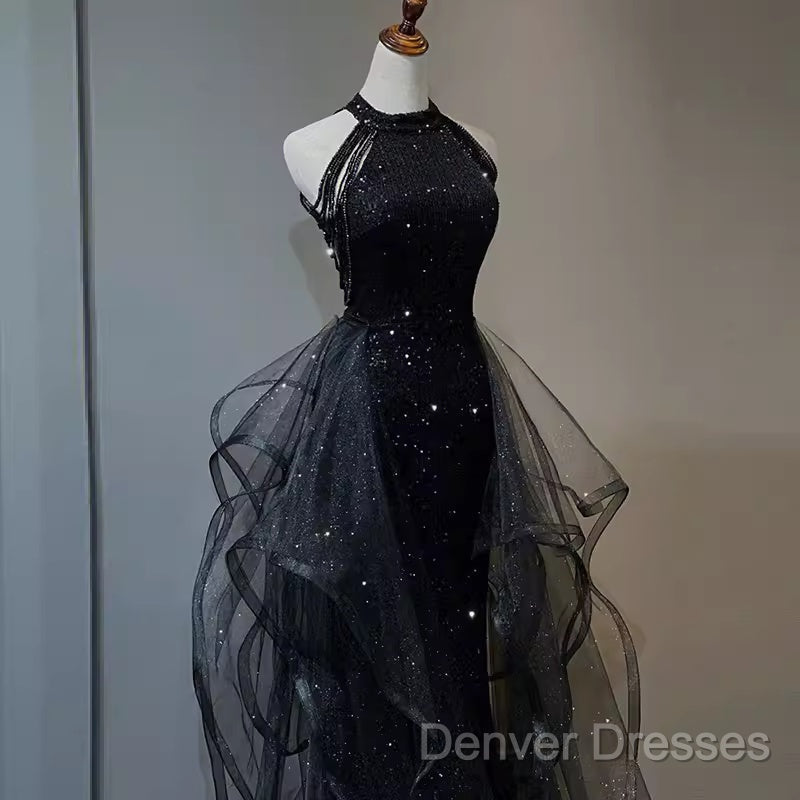 Vintage A Line Halter Black Party Dress Sequin Prom Dress
