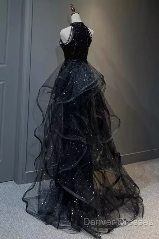 Vintage A Line Halter Black Party Dress Sequin Prom Dress