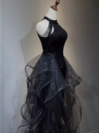 Vintage A Line Halter Black Party Dress Sequin Prom Dress