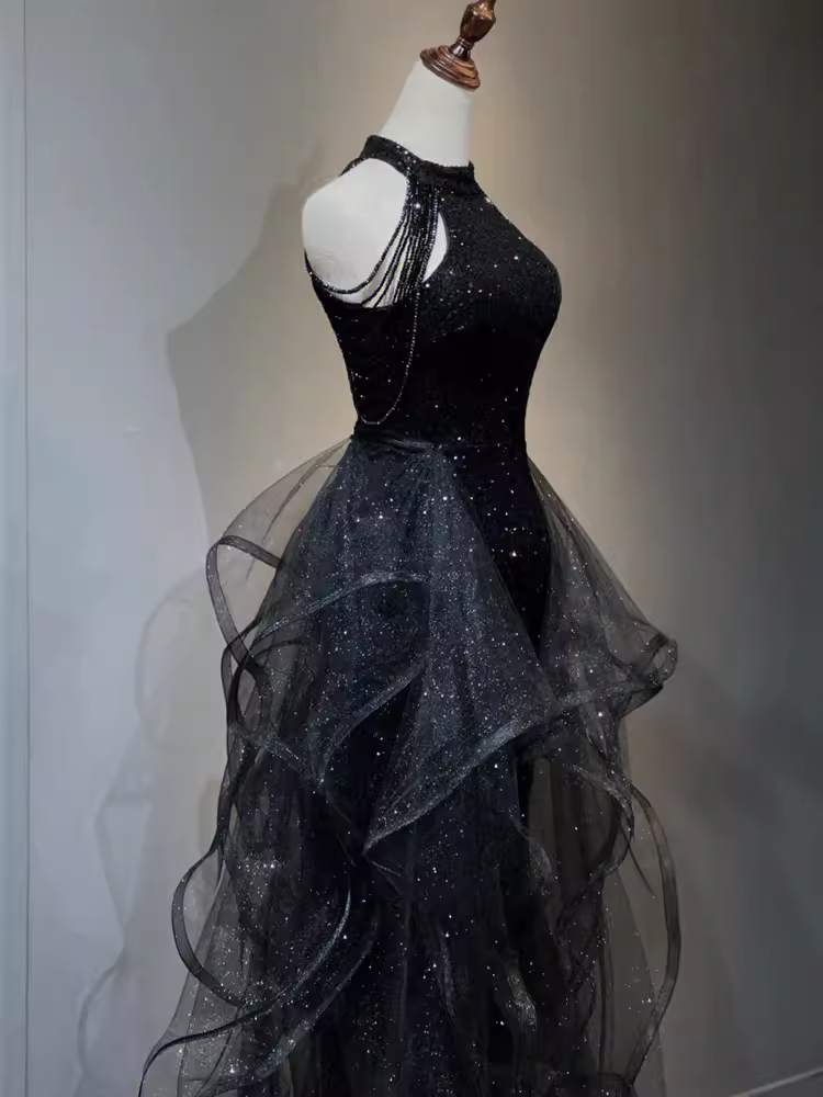 Vintage A Line Halter Black Party Dress Sequin Prom Dress