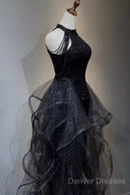 Vintage A Line Halter Black Party Dress Sequin Prom Dress