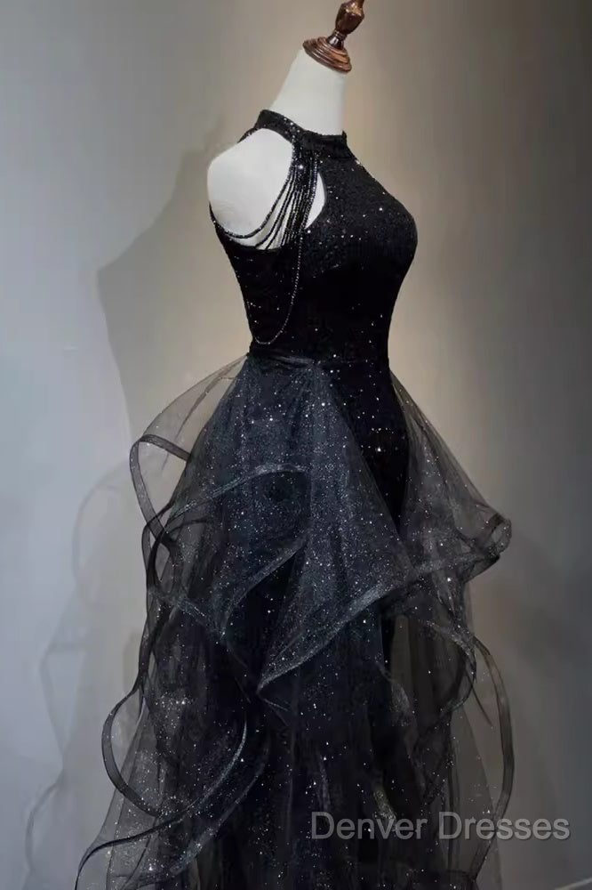 Vintage A Line Halter Black Party Dress Sequin Prom Dress