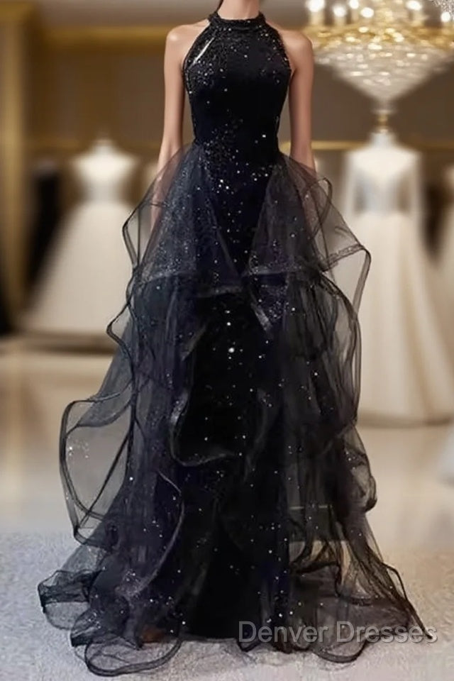 Vintage A Line Halter Black Party Dress Sequin Prom Dress Main image