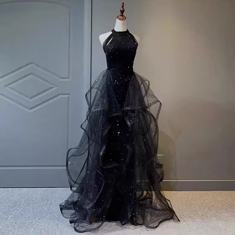 Vintage A Line Halter Black Party Dress Sequin Prom Dress Main image