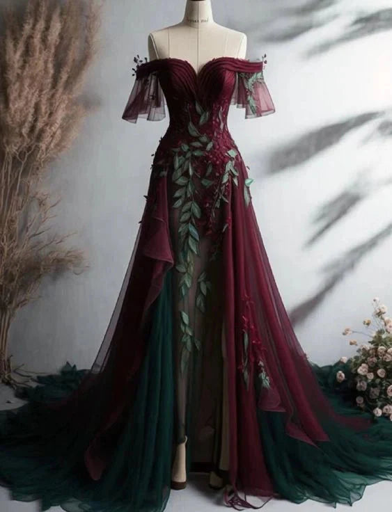 Vintage A Line Off The Shoulder Tulle Burgundy Prom Dress