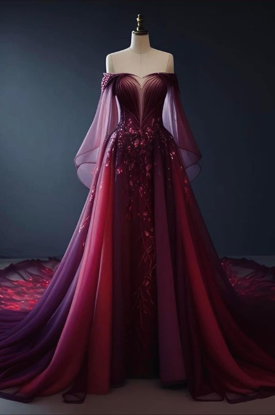 Vintage A Line Off The Shoulder Tulle Burgundy Prom Dress Main image