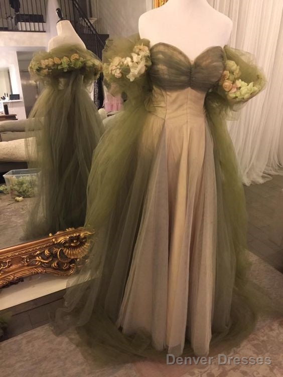 Vintage A Line Off The Shoulder Tulle Sage Green Prom Dress Secondary image