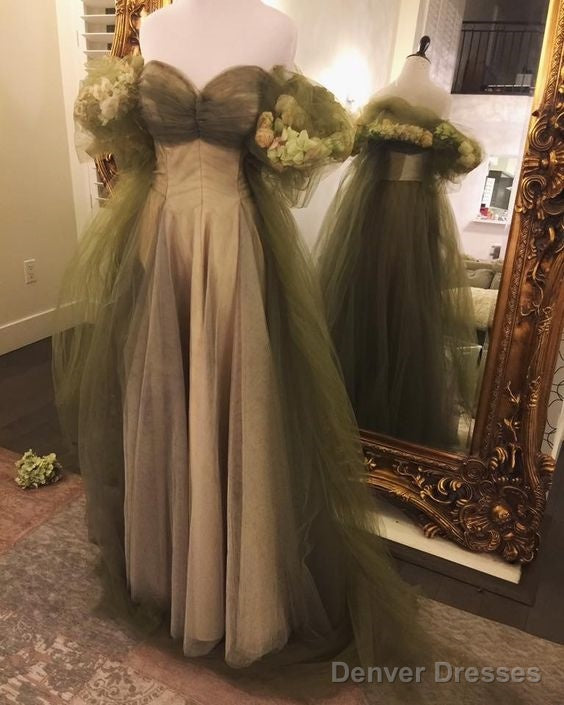 Vintage A Line Off The Shoulder Tulle Sage Green Prom Dress Main image