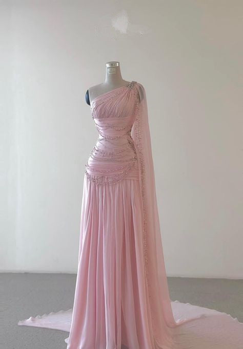 Vintage A Line One Shoulder Pink Chiffon Floor Length Prom Dress Beads Evening Dress Secondary image