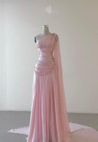 Vintage A Line One Shoulder Pink Chiffon Floor Length Prom Dress Beads Evening Dress