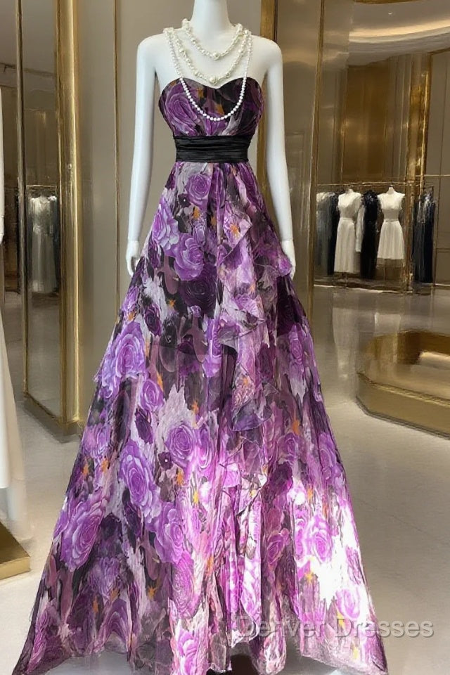 Vintage A Line Sleeveless Long Floral Chiffon Evening Dress Prom Dress Main image